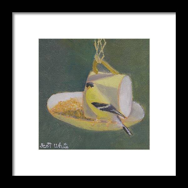 Yellow Finch Birds Framed Print featuring the painting Finch Tea Cup by Scott W White