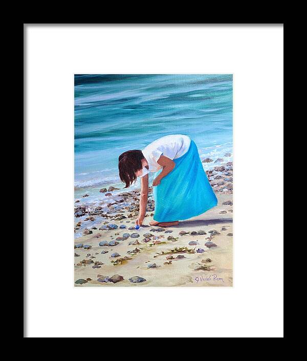 Ocean Framed Print featuring the painting Finding Sea Glass by Judy Rixom