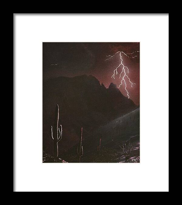 Lightning Framed Print featuring the painting Finger Rock Canyon Lightning Storm, Tucson by Chance Kafka