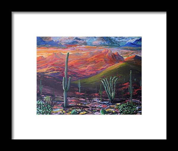 Southwest Framed Print featuring the painting Finger Rock Sunset, Catalina Mountains, Tucson Arizona by Chance Kafka