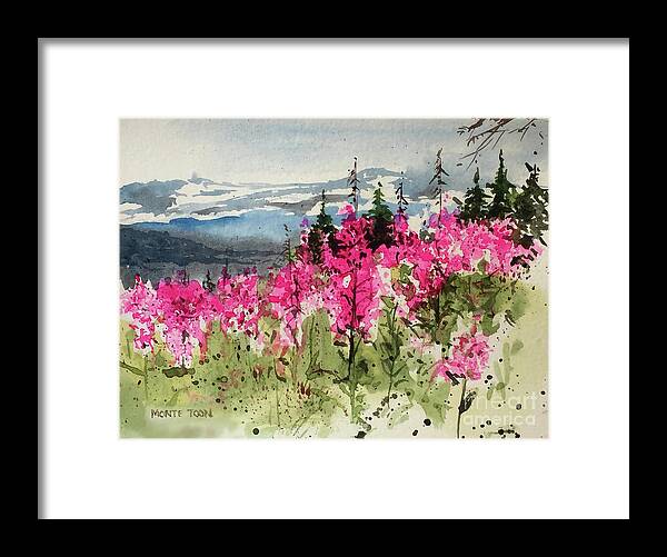 A Fireweed Covered Hill In Alaska. Framed Print featuring the painting Fireweed by Monte Toon