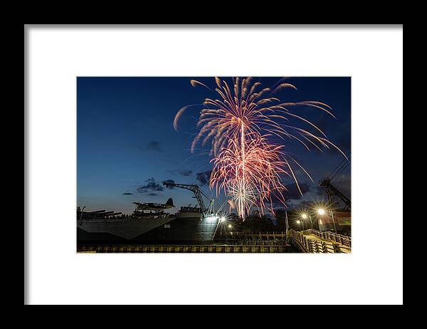 Fireworks Framed Print featuring the photograph Fireworks next to the USS North Carolina Battleship by Nathan Rupert