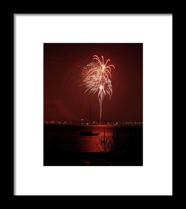 Fireworks Framed Print featuring the photograph Fireworks over the Bay by Jim Feldman