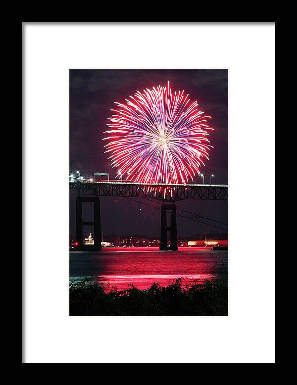 Fireworks Framed Print featuring the photograph Fireworks over the Newport Bridge by Jim Feldman
