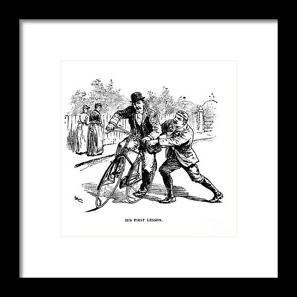 First Framed Print featuring the photograph First cycling lesson a1 by Historic illustrations