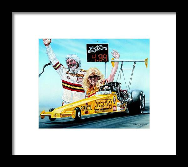 Drag Racing Nhra Top Fuel Funny Car John Force Kenny Youngblood Nitro Champion March Meet Images Image Race Track Fuel Eddie Hill Ercie Framed Print featuring the painting First In The Fours by Kenny Youngblood