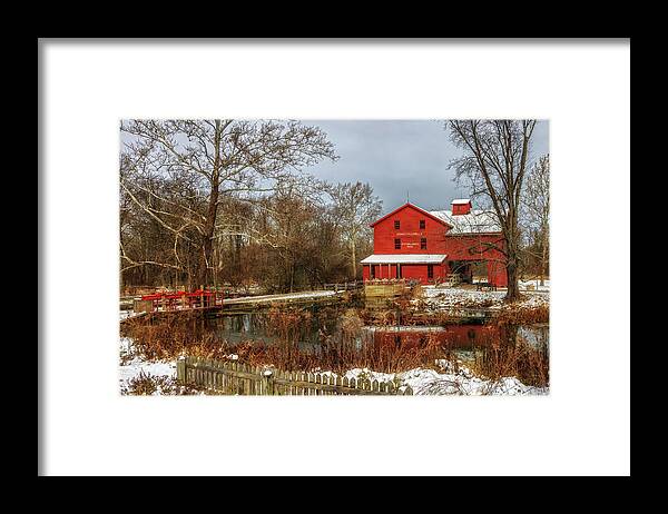 Grist Mill Framed Print featuring the photograph First Snow at Bonneyville Mills by Susan Rissi Tregoning