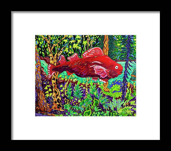 Salmon Framed Print featuring the painting Fish in a Forest by Cathy Carey