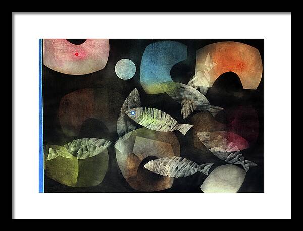 Abstract Framed Print featuring the painting Fish Moon by Winston Saoli 1950-1995