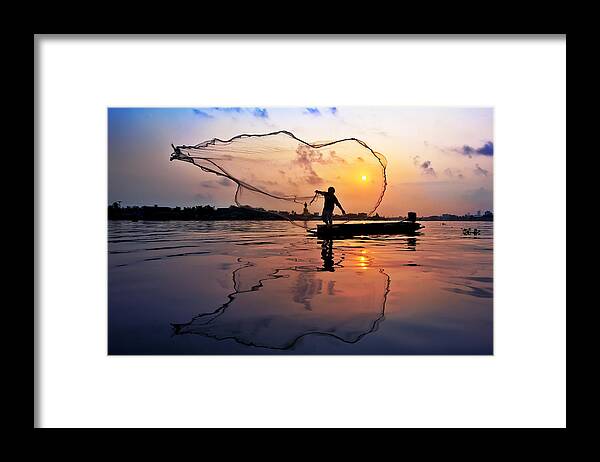 Three Quarter Length Framed Print featuring the photograph Fisherman at Chaophaya river by Arthit Somsakul