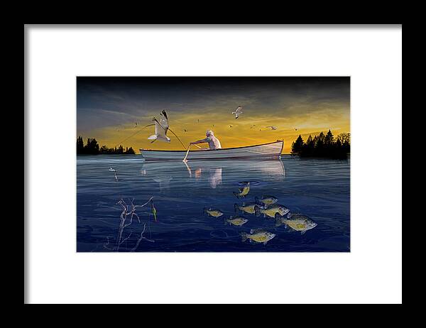 Fishing Framed Print featuring the photograph Fisherman Trolling in a Row Boat with Flying Gulls and School o by Randall Nyhof