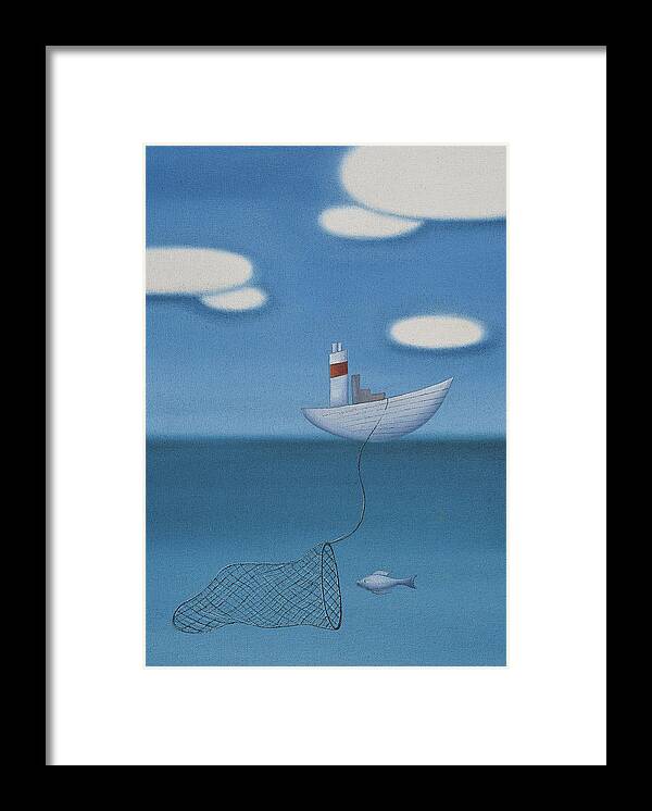 Underwater Framed Print featuring the drawing Fishing Boat Capturing a Fish Underwater by Mandy Pritty