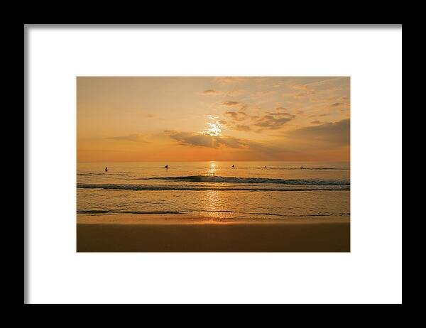 Surfing Framed Print featuring the photograph Five Surfers at Sunrise by John Quinn