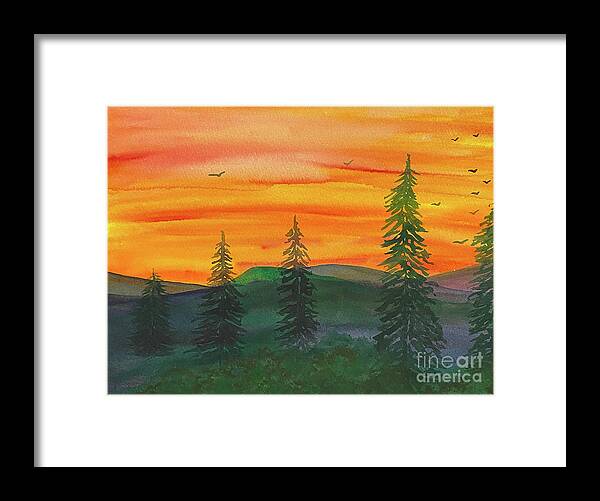 Tress Framed Print featuring the painting Five Tree Sunset by Lisa Neuman
