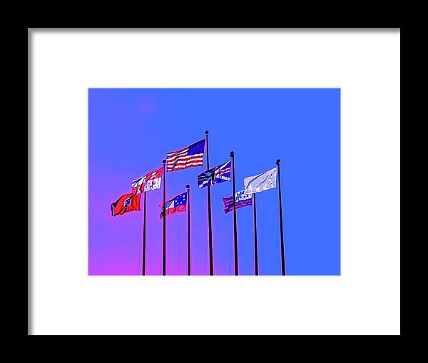 America Framed Print featuring the digital art Flags Against A Blue And Fuchsia Sky by David Desautel