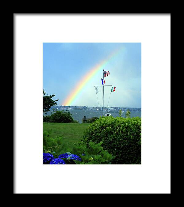 Flag Framed Print featuring the photograph Flags with a rainbow by Jim Feldman