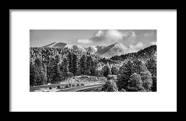 Flagstaff Arizona Framed Print featuring the photograph Flagstaff Arizona Snowy Elden Mountain Peak Monochrome Panorama by Gregory Ballos
