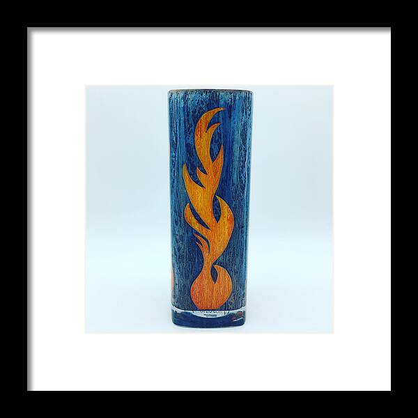 Glass Framed Print featuring the glass art Flame on Blue by Christopher Schranck