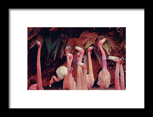 Flamingo Shindig Framed Print featuring the mixed media Flamingo Shindig by Susan Maxwell Schmidt