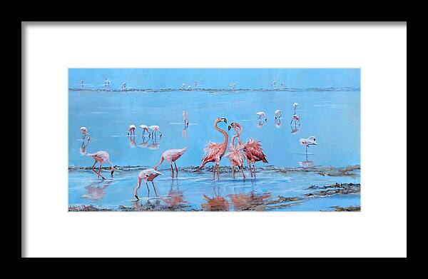 Flamingos Framed Print featuring the painting Flamingo Sushi Bar by Judy Rixom