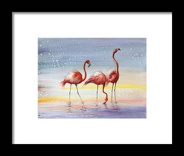 Flamingoes Framed Print featuring the painting Flamingos 4 by Katerina Kovatcheva