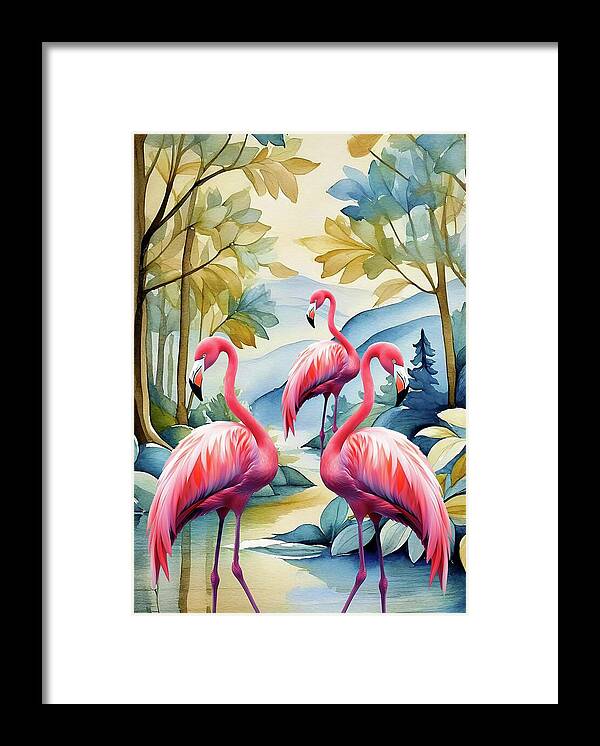 Animal Framed Print featuring the mixed media Flamingos Three by Tammera Malicki-Wong