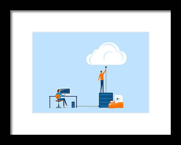 Network Server Framed Print featuring the drawing Flat Vector Business Technology Storage And Cloud Connect Concept With Administrator And Developer Team Working by TCmake_photo