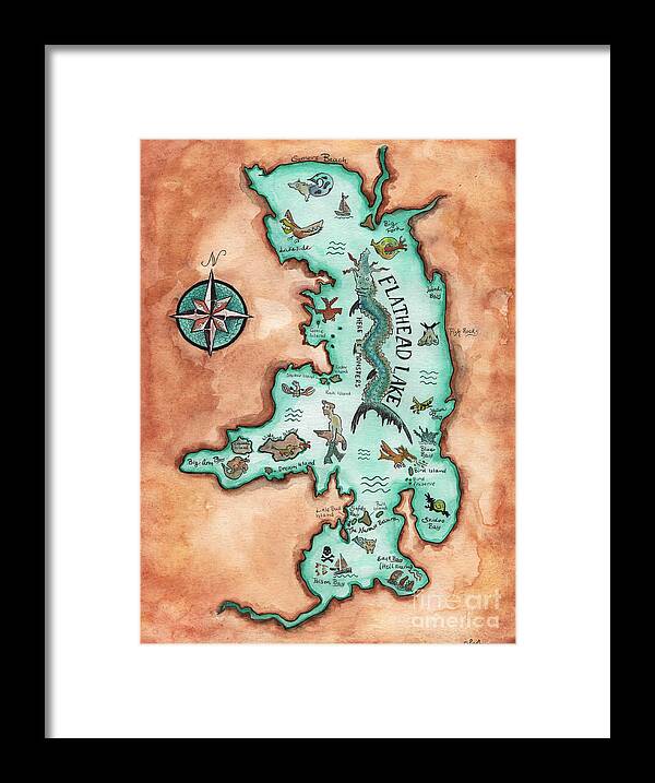 Sea Monster Framed Print featuring the painting Flathead Lake Sea Monster Map by Eric Haines