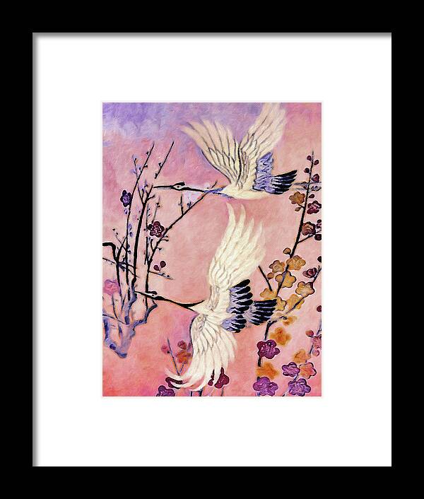 Flight Of The Cranes Framed Print featuring the painting Flight of the Cranes - Kimono Series by Susan Maxwell Schmidt