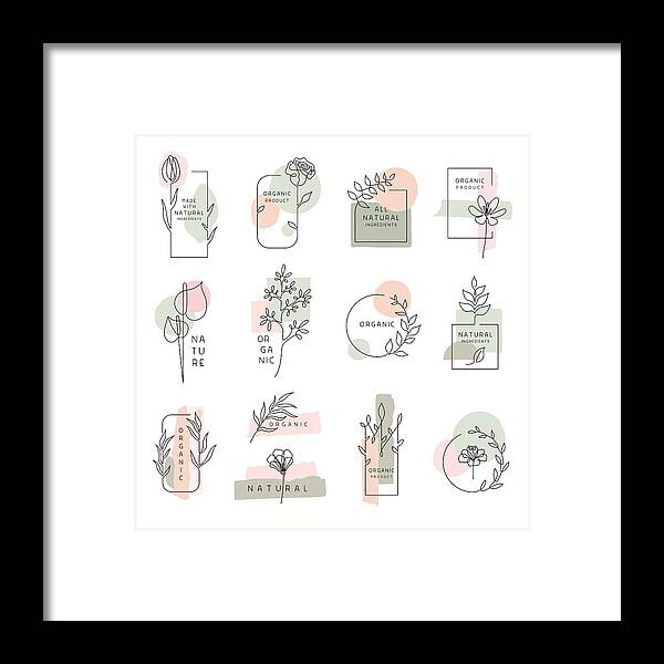 Slovenia Framed Print featuring the drawing Floral labels for natural and organic products by Miakievy