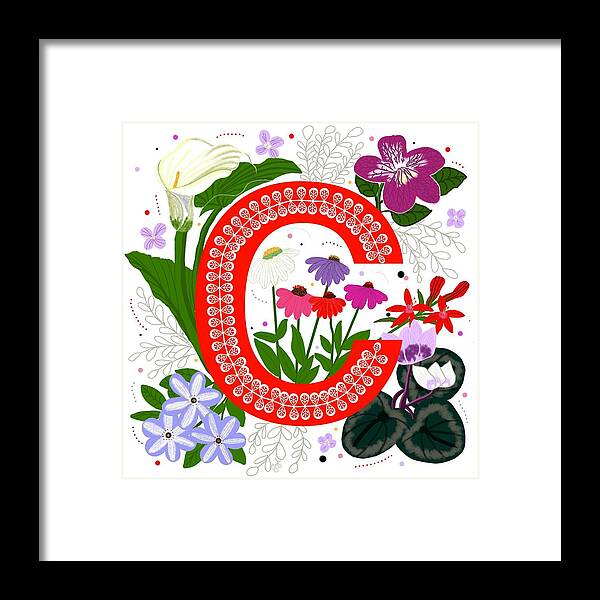Cornflower Framed Print featuring the digital art Floral letter C on White by Gayle Berthiaume