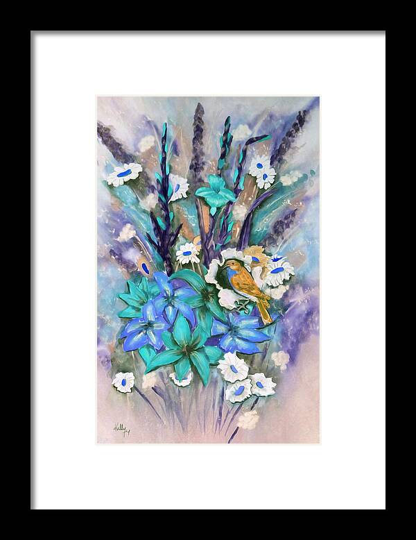 Flowers Framed Print featuring the mixed media Flower Bouquet n' Bird by Kelly Mills