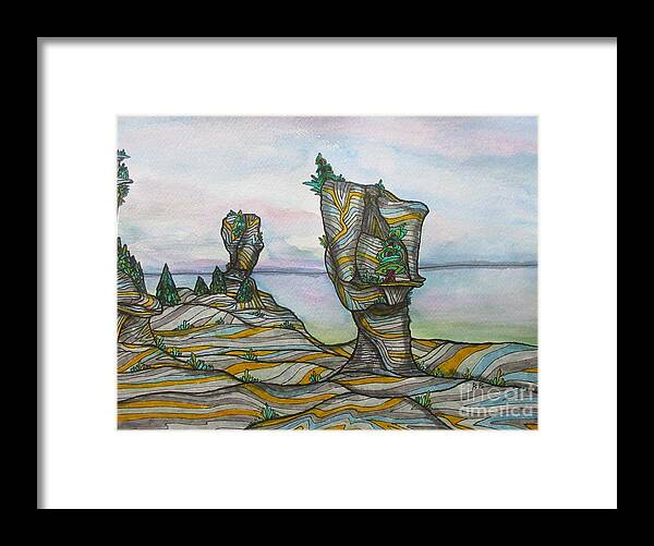 Flower Pot Island Tobermory Ontario Canada Water Colour Landscape Abstract Pillow Cushion Mask Lobby Office Decor Landmark Nature North Northern Framed Print featuring the painting Flower Pot Island Tobermory Ontario Canada by Bradley Boug