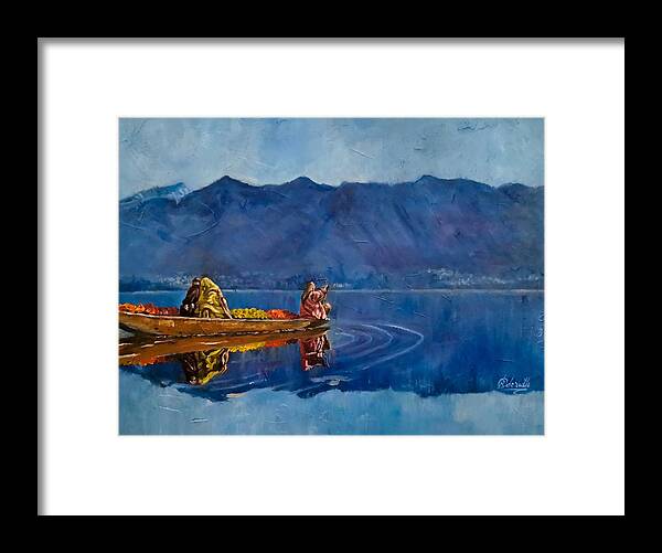  Framed Print featuring the painting Flower sellers, Dal lake, Kasmir by Raouf Oderuth