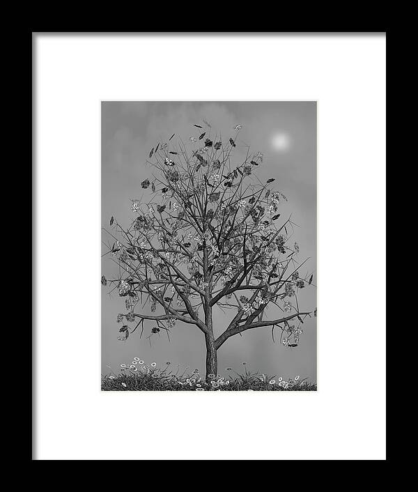 Autumn Framed Print featuring the mixed media Flowers Beneath The Autumn Tree Black and White by David Dehner