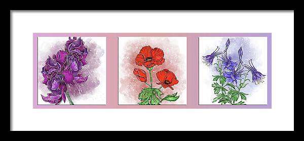 Triptych Framed Print featuring the painting Flowers triptych Gladiolus, poppy and forest columbine by Patricia Piotrak