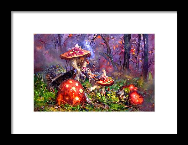 Mushrooms Framed Print featuring the digital art Fly Agaric in the Magic Forest by Annalisa Rivera-Franz