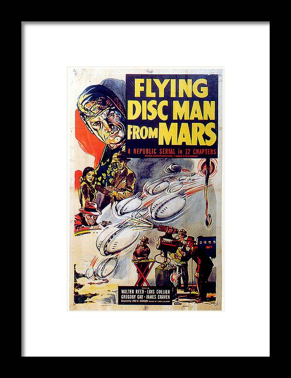 Flying Framed Print featuring the mixed media ''Flying Disc Man From Mars'' poster 1950 by Movie World Posters