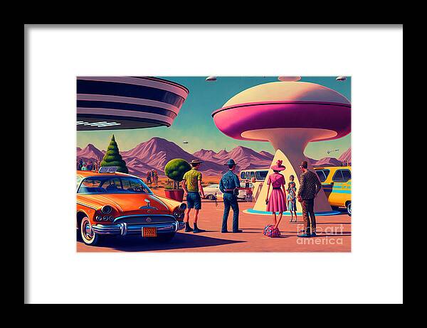 Flying Framed Print featuring the mixed media Flying Saucer Frenzy IX by Jay Schankman