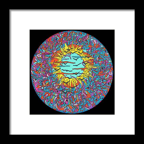 Flying Psychedelic Pop Art Colorful Sun Framed Print featuring the painting Flying through the Sun by Mike Stanko