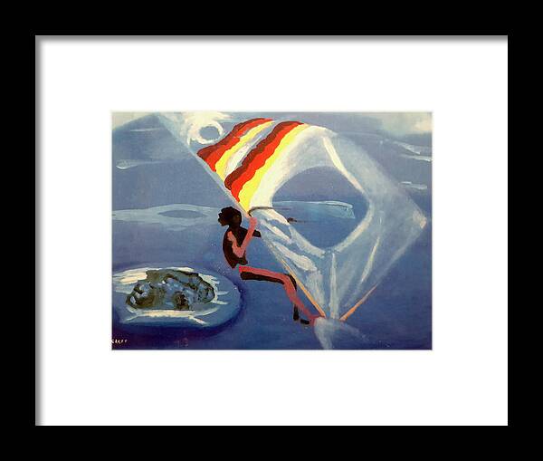 Windsurfer Framed Print featuring the painting Flying Windsurfer by Enrico Garff
