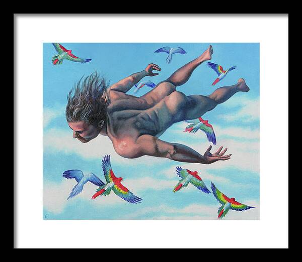 Flying Framed Print featuring the painting Flying with Parrots by Miguel Tio