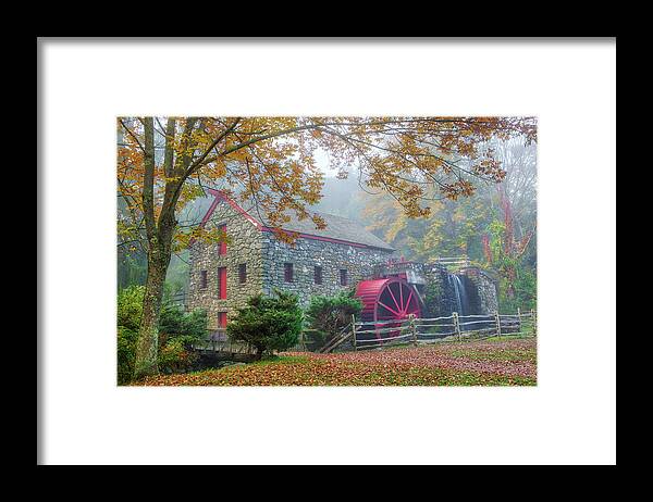 New England Fall Foliage Framed Print featuring the photograph Fog and Fall Colors at the Sudbury Grist Mill by Juergen Roth