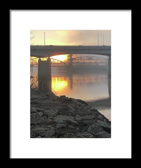 Urban Skyline Framed Print featuring the photograph Foggy December Sunrise Over the Arkansas River by Michael Dean Shelton