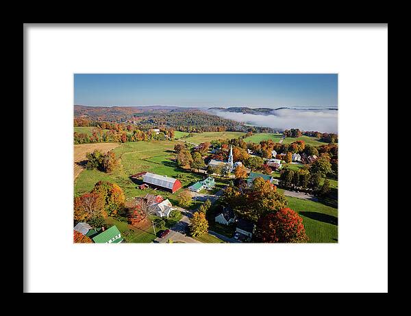 Vermont Framed Print featuring the photograph Foggy Fall Foliage Morning in Peacham, Vermont - October 2021 by John Rowe