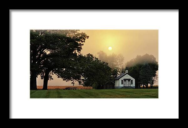 Cooksville Framed Print featuring the photograph Foggy Memories - Cooksville WI Schoolhouse in foggy fall sunrise by Peter Herman