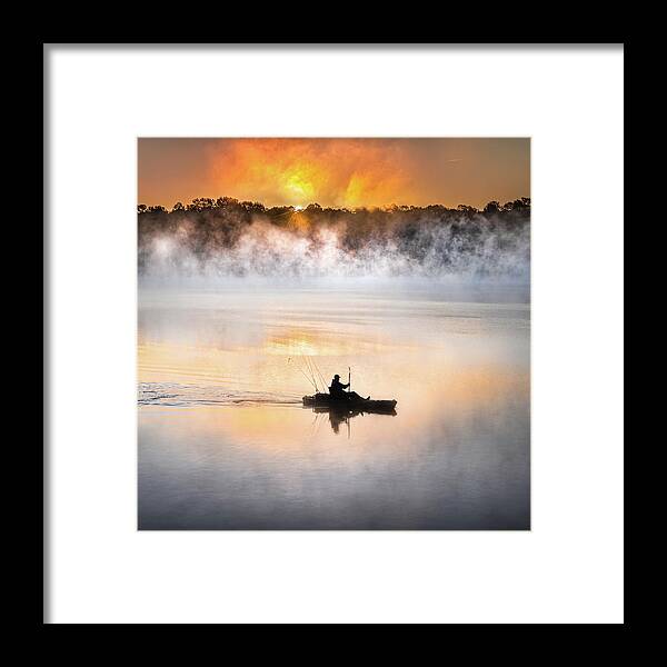 Lake Lamar Bruce Framed Print featuring the photograph Foggy Morning Kayak Fisherman Sunrise Lake Mississippi by Jordan Hill