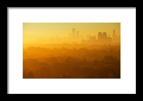 Orange Color Framed Print featuring the photograph Foggy morning over Toronto's skyline by Roland Shainidze Photogaphy