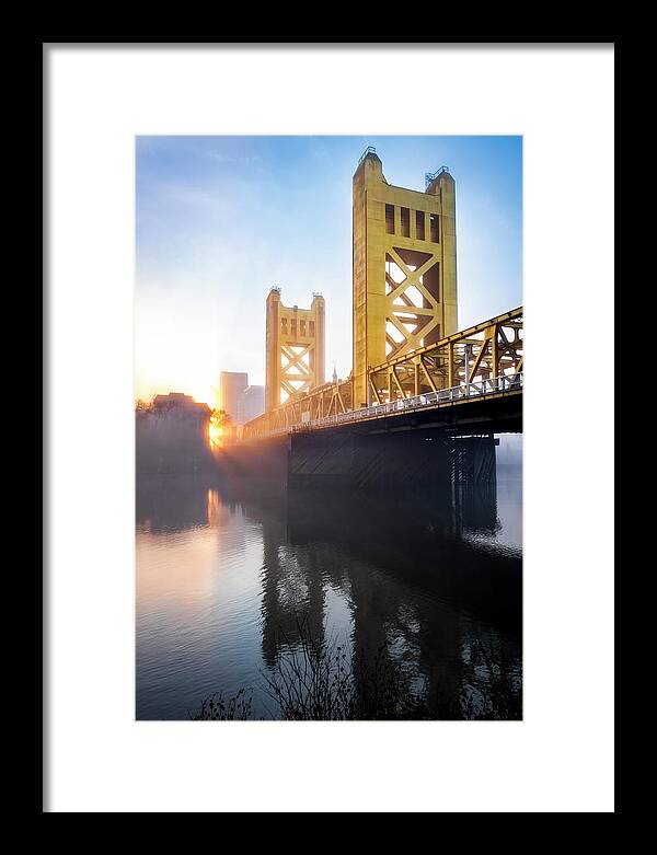 Sacramento Framed Print featuring the photograph Foggy Sunrise on Sacramento Tower Bridge by Gary Geddes