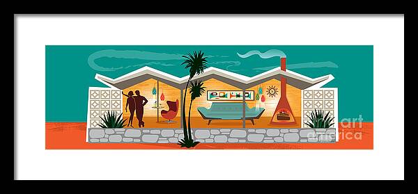 Mid Century Framed Print featuring the digital art Folded Plate Roof Mid Century Modern House Panorama by Diane Dempsey